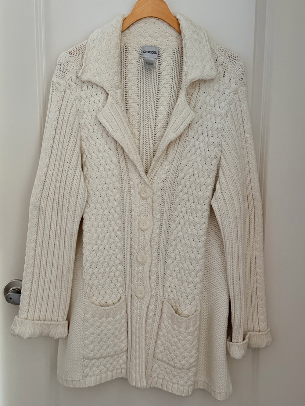 Chico's Ivory Cable Knit Button-Front Cardigan Coat